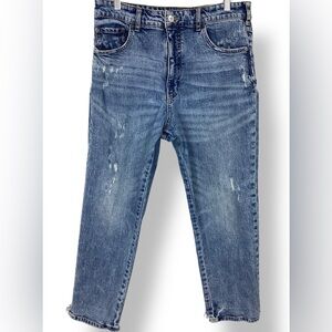 pilcro Blue Distressed High Rise Straight Jeans Anthropologie medium light wash